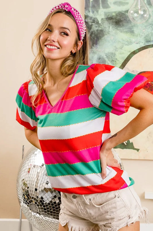 Multi Stripe Color Print Puff Sleeves V Neck Top