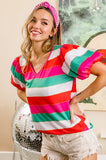 Multi Stripe Color Print Puff Sleeves V Neck Top