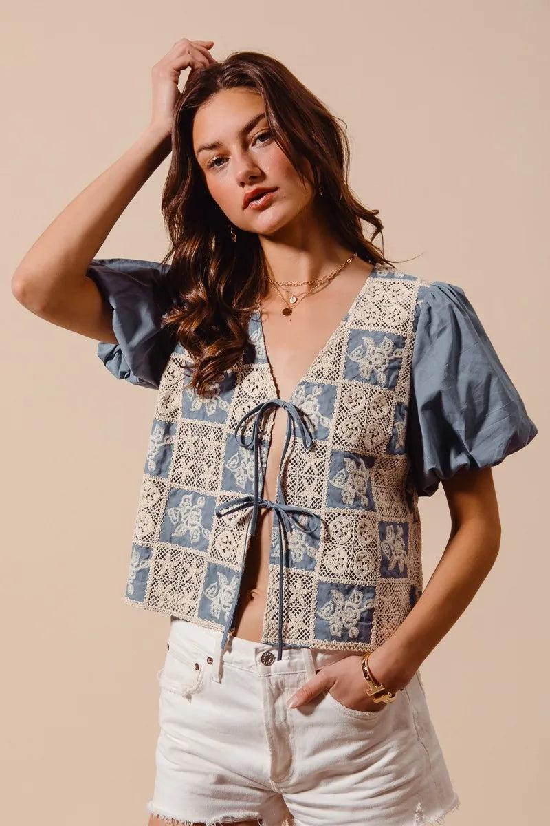 Boho Patchwork Puff Sleeve V Neck Blouse