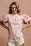 Floral Puff Sleeve Top With Scalloped Hem Detail