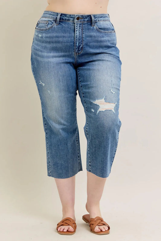 Plus Size High Waist Back Destroy & Raw Cut Hem Crop Wide