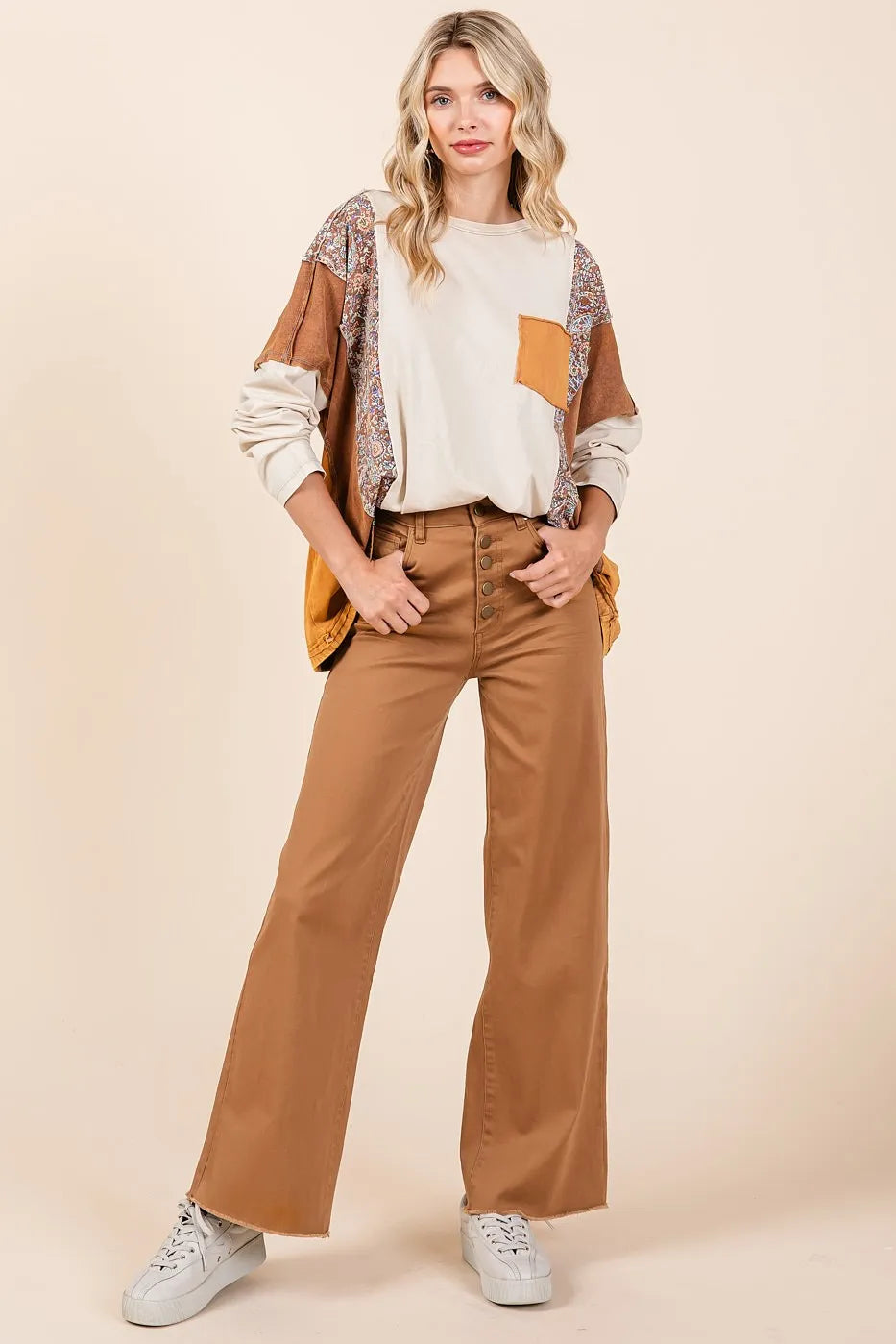 Twill High Waisted Button Fly Wide Leg Pants