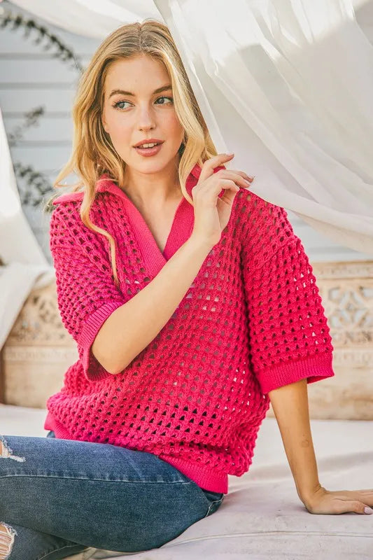 Hollow Out Polo Sweater Top
