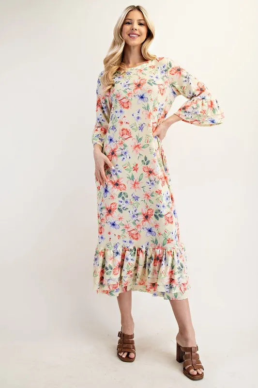 Full Size Soft Floral Ruffle Trim Dress Plus Size