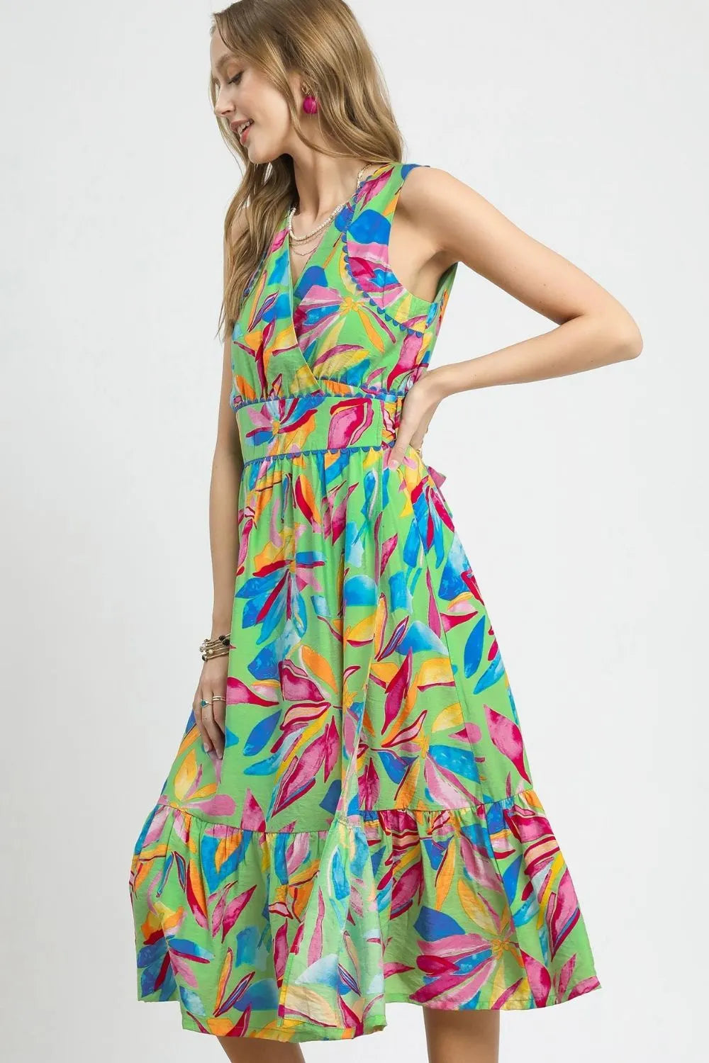 Tropical Paradise Sleeveless Midi Dress with Ruffled Hem