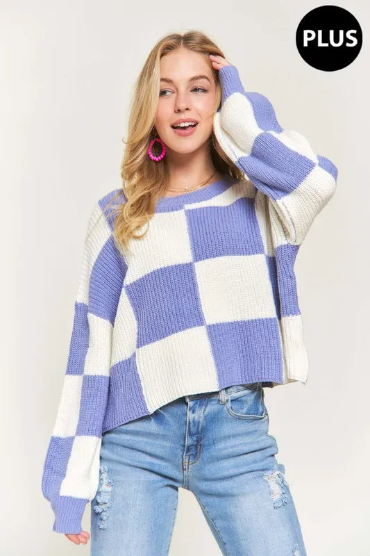 Plus Size Comfy Checkered Colorblock Sweater Top