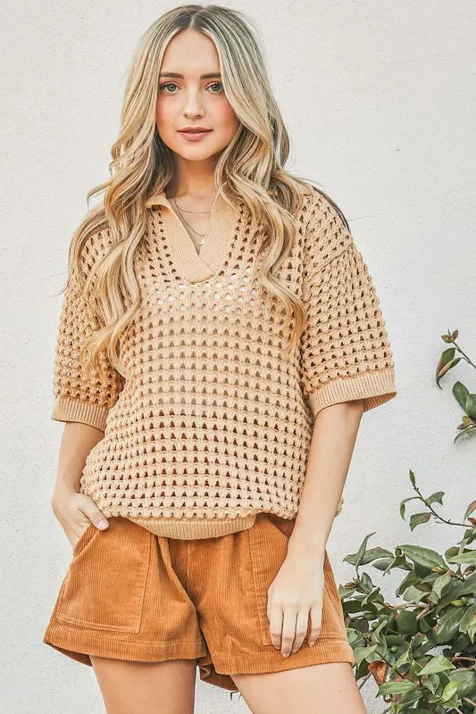 Hollow Out Polo Sweater Top