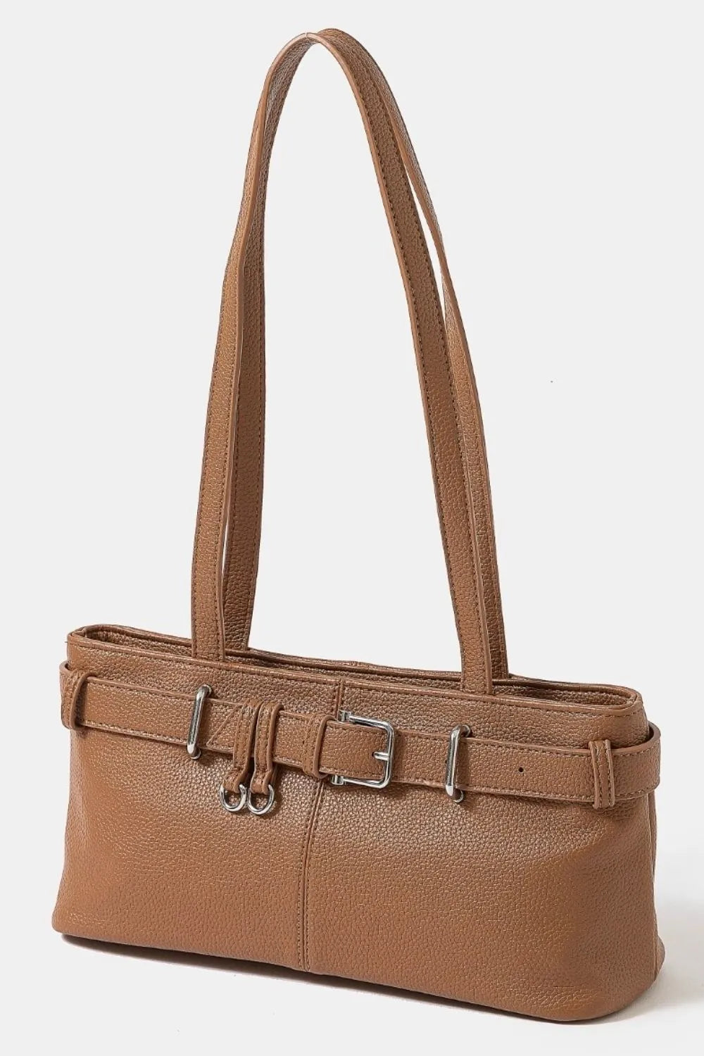 Buckle Detail Genuine Leather Shoulder Handbag