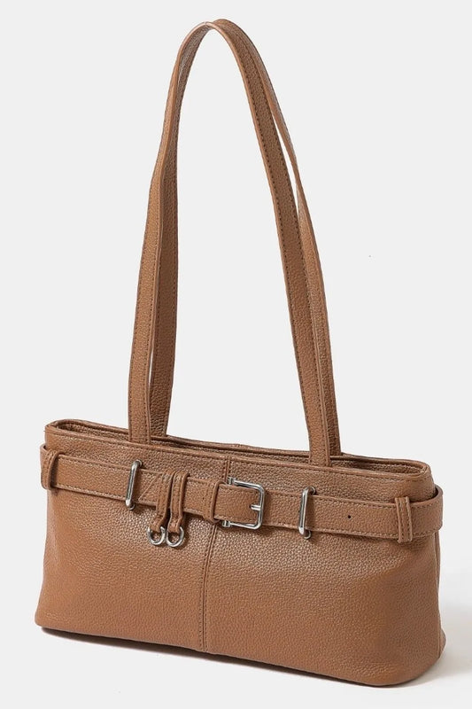 Buckle Detail Genuine Leather Shoulder Handbag