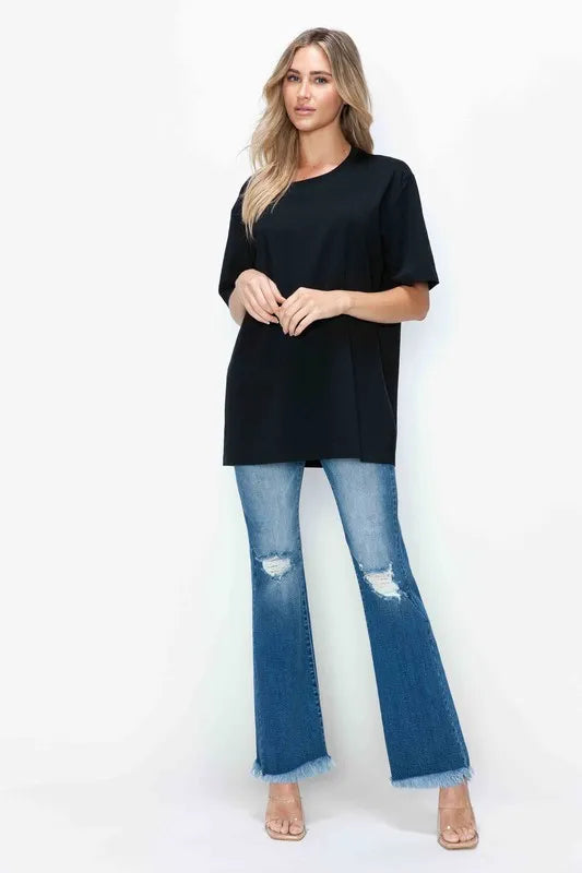 High-Rise Bootcut Jeans with Raw Edge Distressing