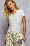 Ribbed V-Neck Short Sleeve Tee with Contrast Stitching