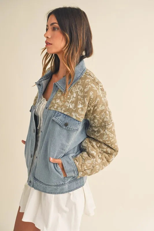 Quilted Paisley Print Contrast Denim Jacket