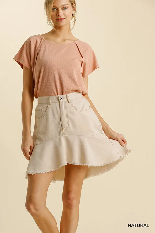 Linen Blend Skirt with Frayed Hem and Five Pockets