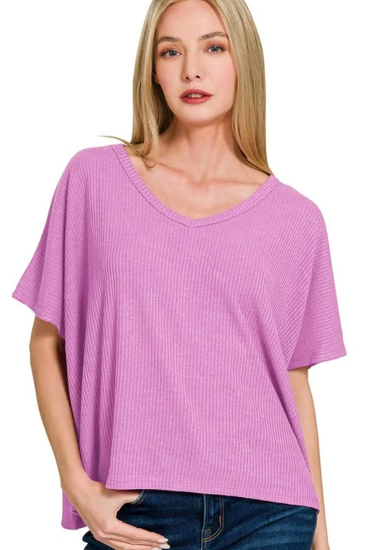 Ribbed V-Neck Short-Sleeve Knit Top