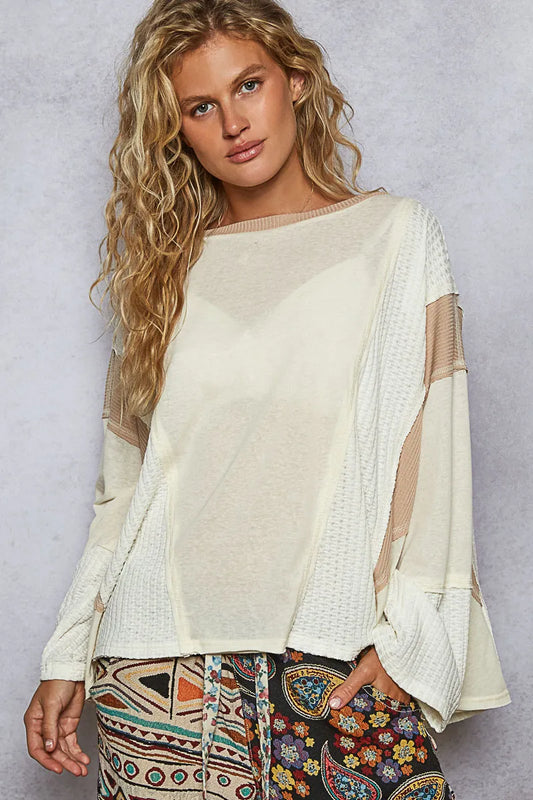 Mesh Accent Round Neck Long Sleeve Top