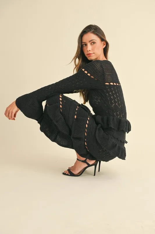 Long Sleeve Tiered Ruffle Knit Midi Dress