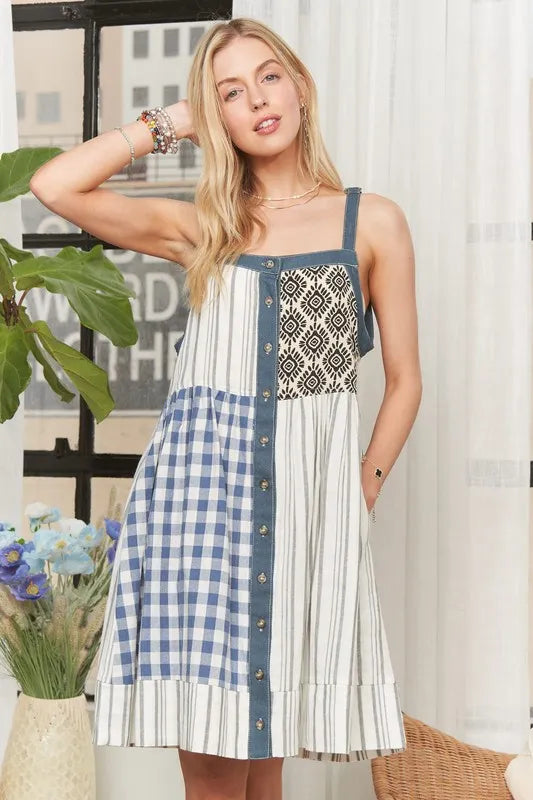 Patchwork Button Front Mini Dress