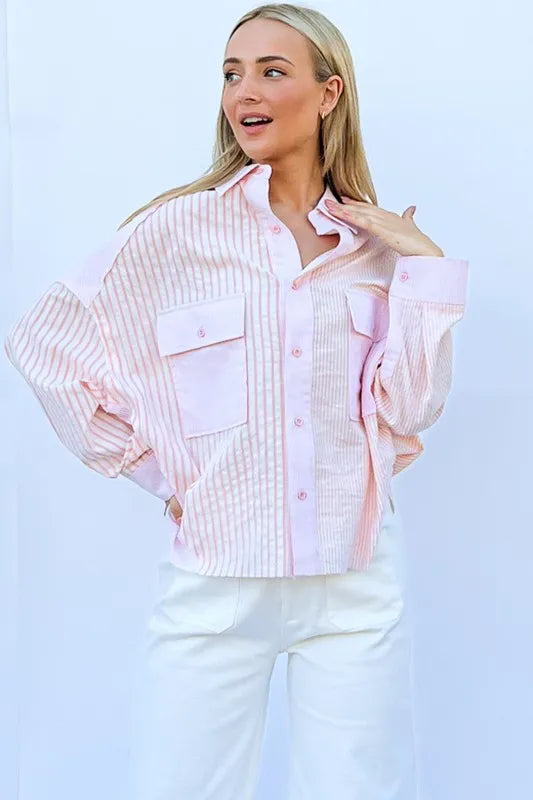 Multi Striped Mix-Match Patched Pocket Shirt