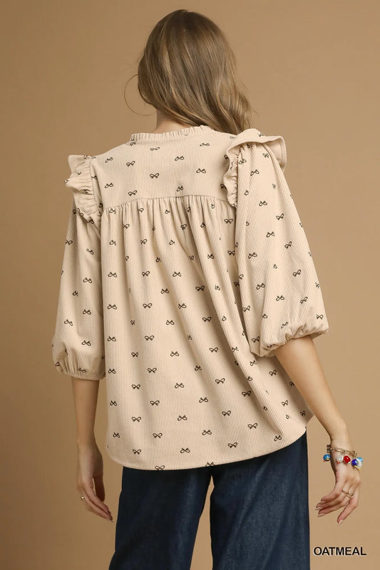 Corduroy Blouse with Puff Sleeves and Ruffles