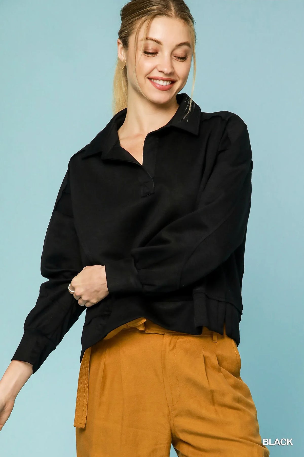 Raw Hem Long Sleeve Collared Top for Chic Style