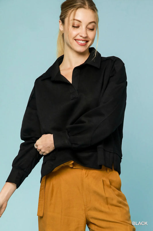 Raw Hem Long Sleeve Collared Top for Chic Style