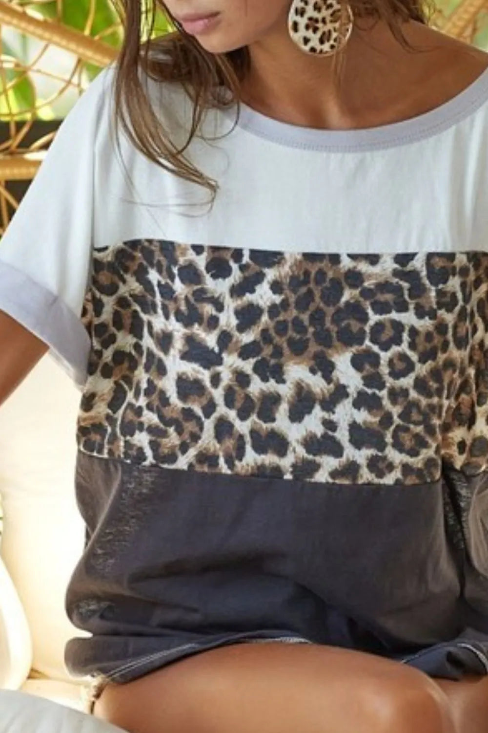 Leopard Printed Jersey  Color Block Roll Up Top