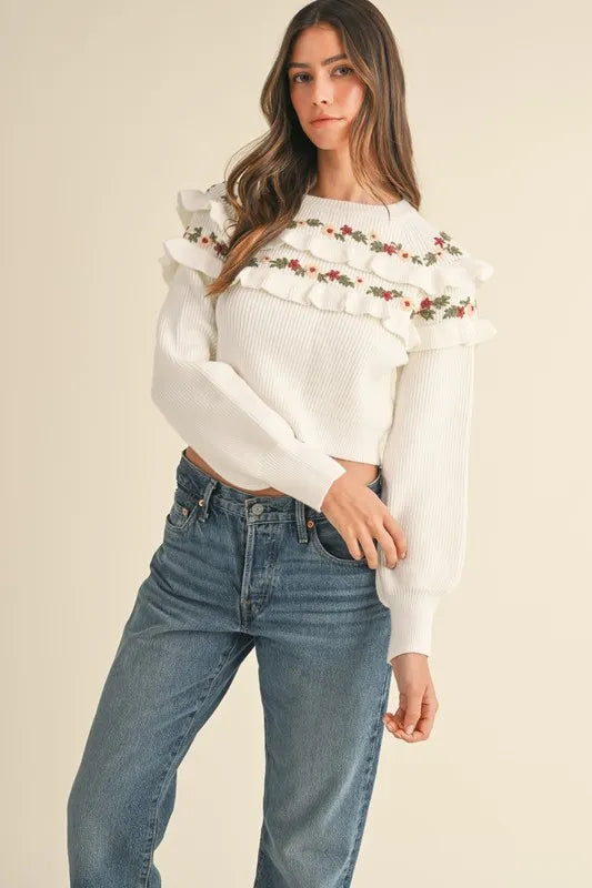 Floral Embroidered Ruffle Detail Sweater