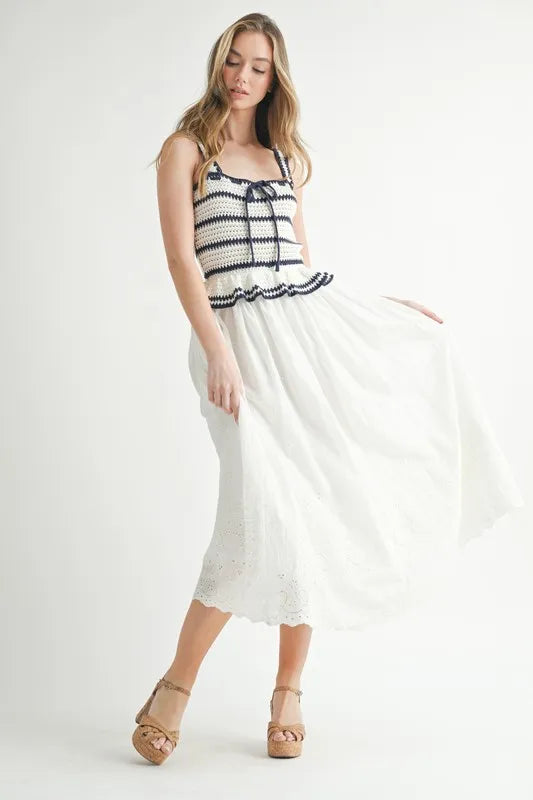 Crochet Stripe Knit Eyelet Mix Midi Dress