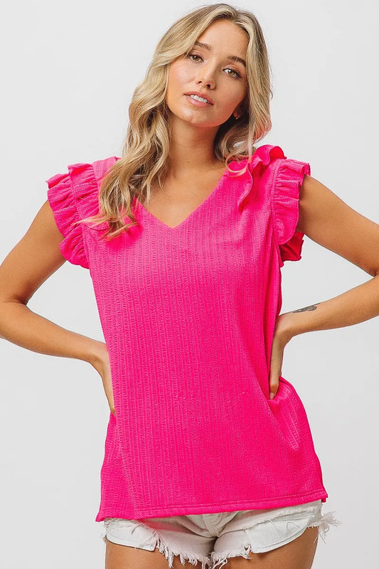 Ruffled Shoulder Sleeveless V-Neck Ribbed Blouse