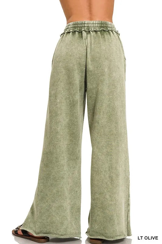 Full Size Acid Wash Fleece Palazzo Sweatpants with Pockets Plus Size