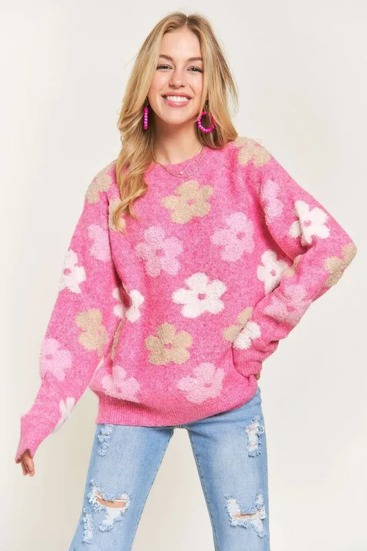 Full Size Floral Popped 2-Tone Sweater Top Plus Size