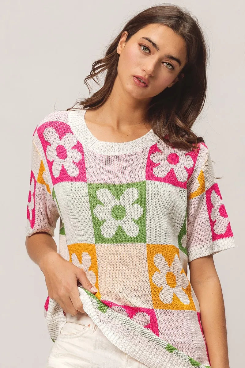 Floral Block Pattern Lightweight Knit Pullover