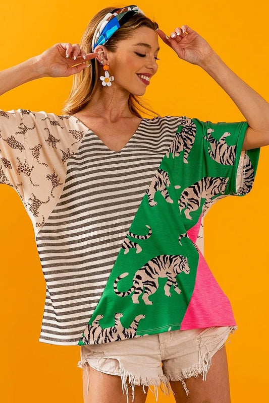 Tiger W Stripe Contrast Color Block V Neck Top