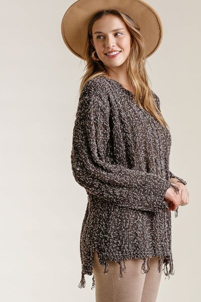Full Size Frayed Hem Cable Knit Round Neck Sweater Plus Size