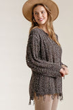 Full Size Frayed Hem Cable Knit Round Neck Sweater Plus Size