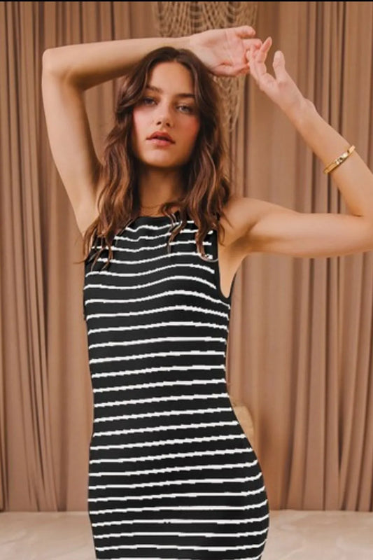 Stripe Sleeveless Sweater Knit Maxi Dress With Ruffled Hem