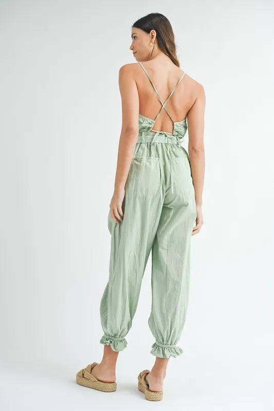 Washed Fabric Spaghetti Strap Waist Belted Jumpsuit