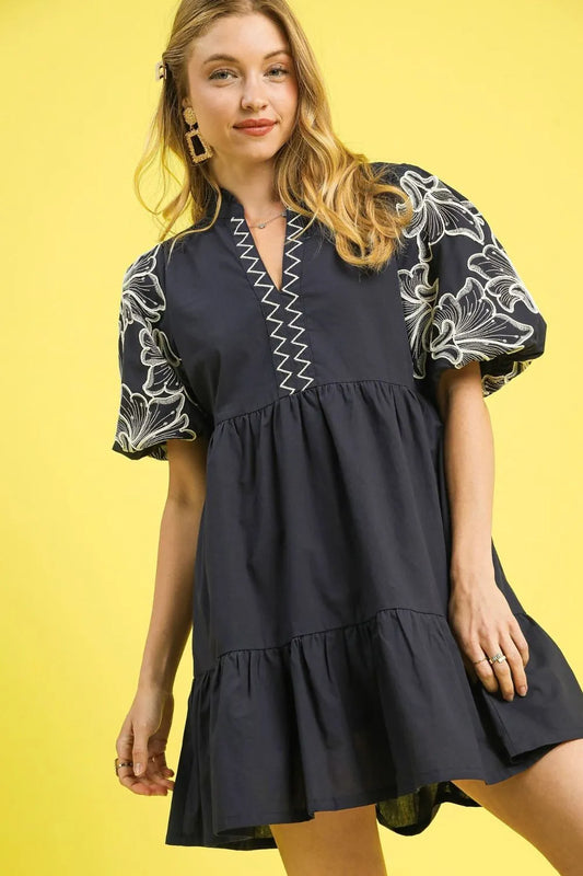 Tropical Leaf Empire Waist Ruffle Hem Dress
