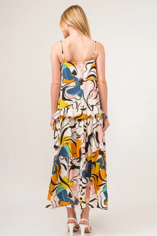 Ruffled Abstract Floral Printed Midi Cami Dress