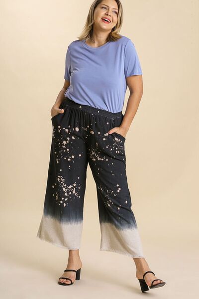 Full Size Raw Hem Linen Blend Bleach Dip Dye Wide Leg Pants Plus Size