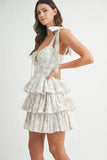 Floral Print Shoulder Tie Layered Mini Dress