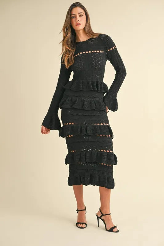 Long Sleeve Tiered Ruffle Knit Midi Dress