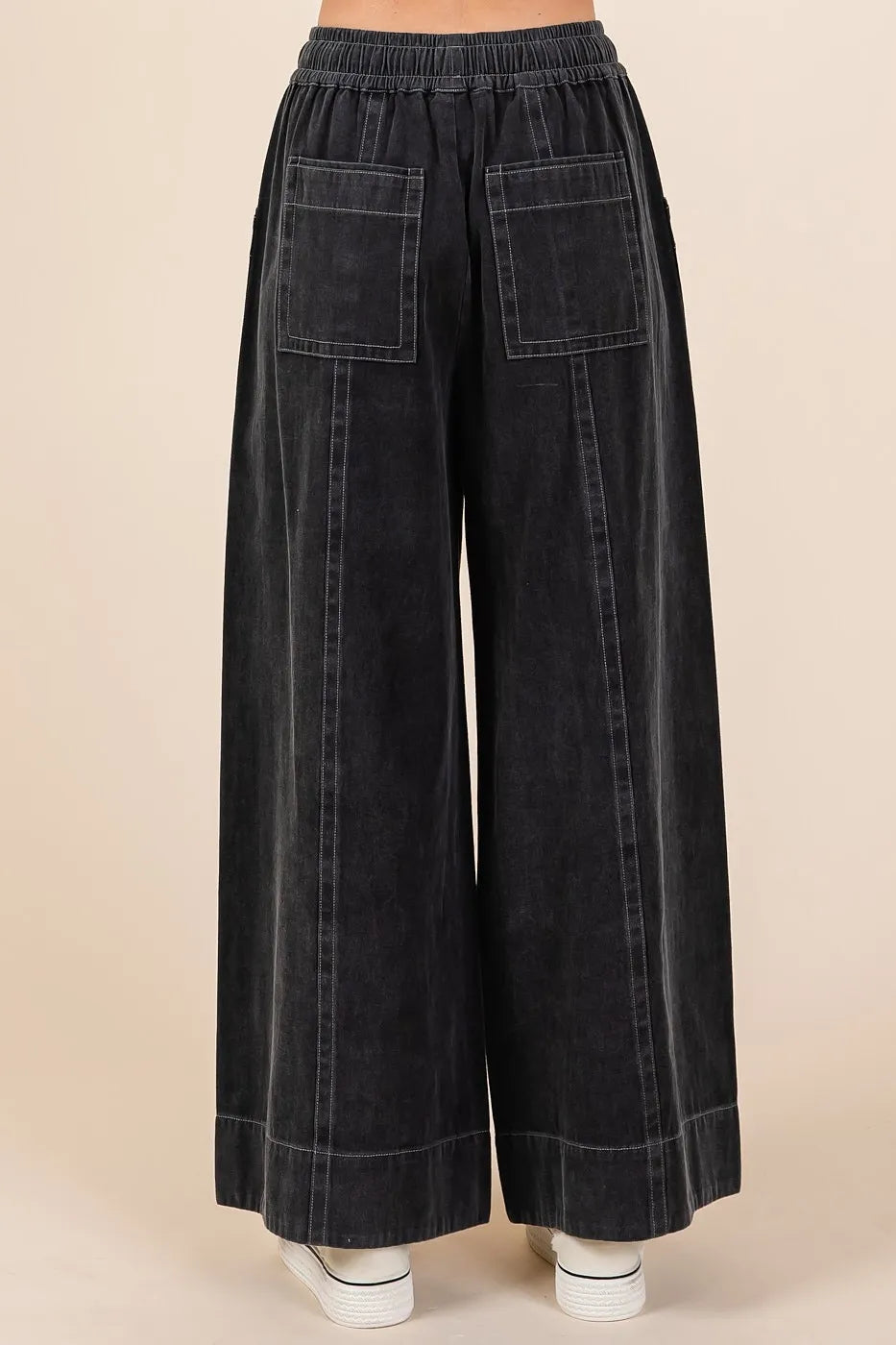 Mineral Wash Wide Leg Elastic Waist Twill Pants
