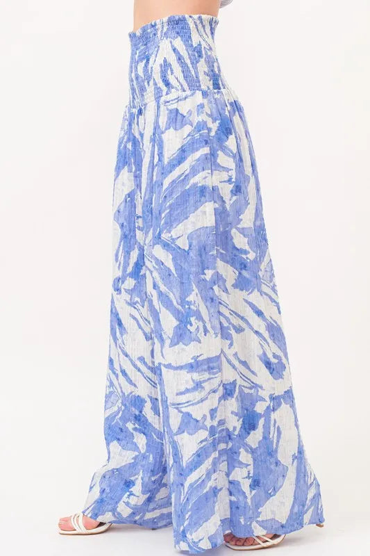 Smocked Tied Waist Abstract Print Wide Leg Pants