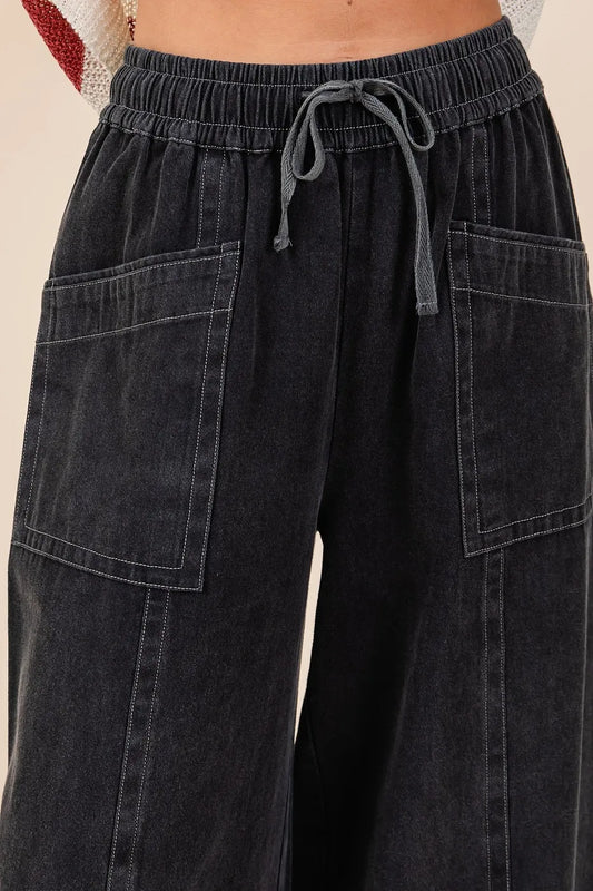 Mineral Wash Wide Leg Elastic Waist Twill Pants