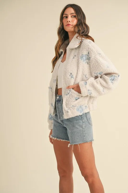 Floral Embroidered Fleece Teddy Jacket