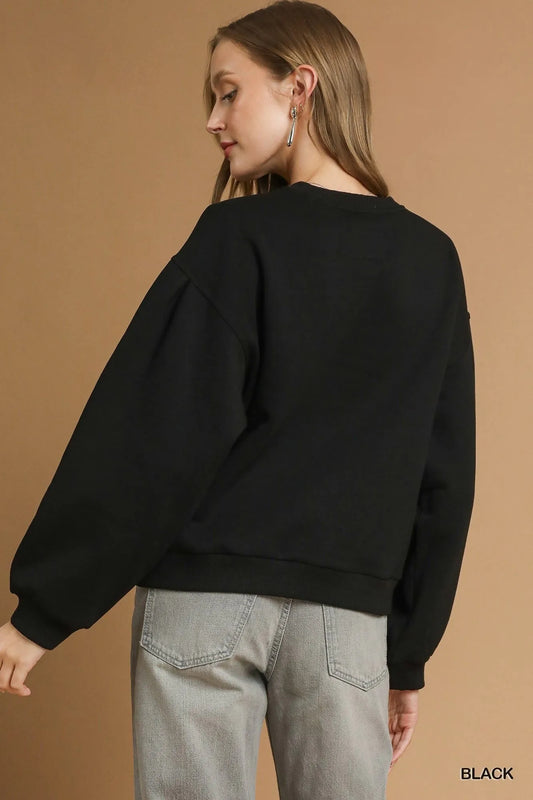Pleated Detail Round Neck Pullover Sweatshirt