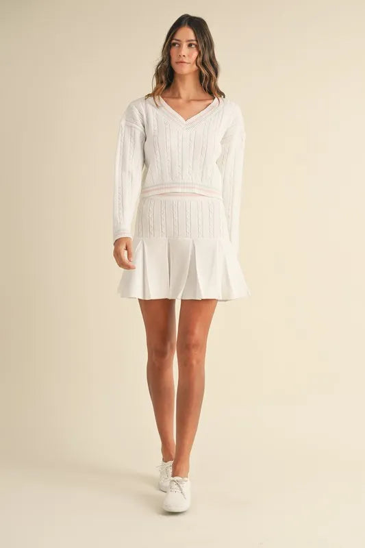 V-Neck Varsity Crop Knit Sweater and Skirt Set