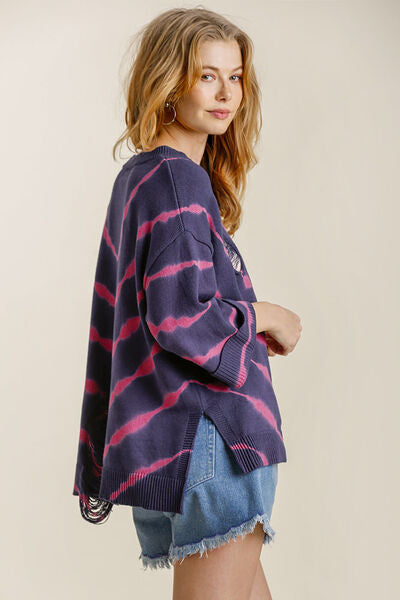 Full Size Tie Dye Side Slit Round Neck Distressed Detail Sweater Plus Size
