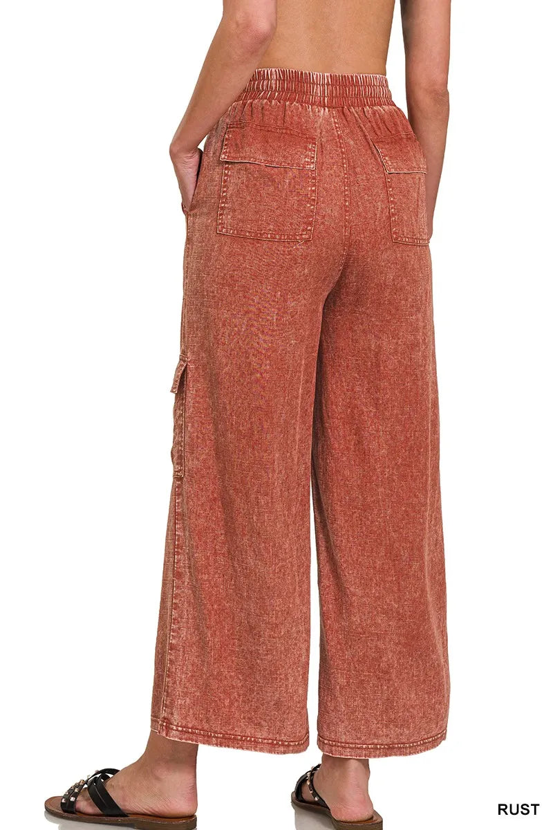 Washed Linen Elastic Band Waist Cargo Pants